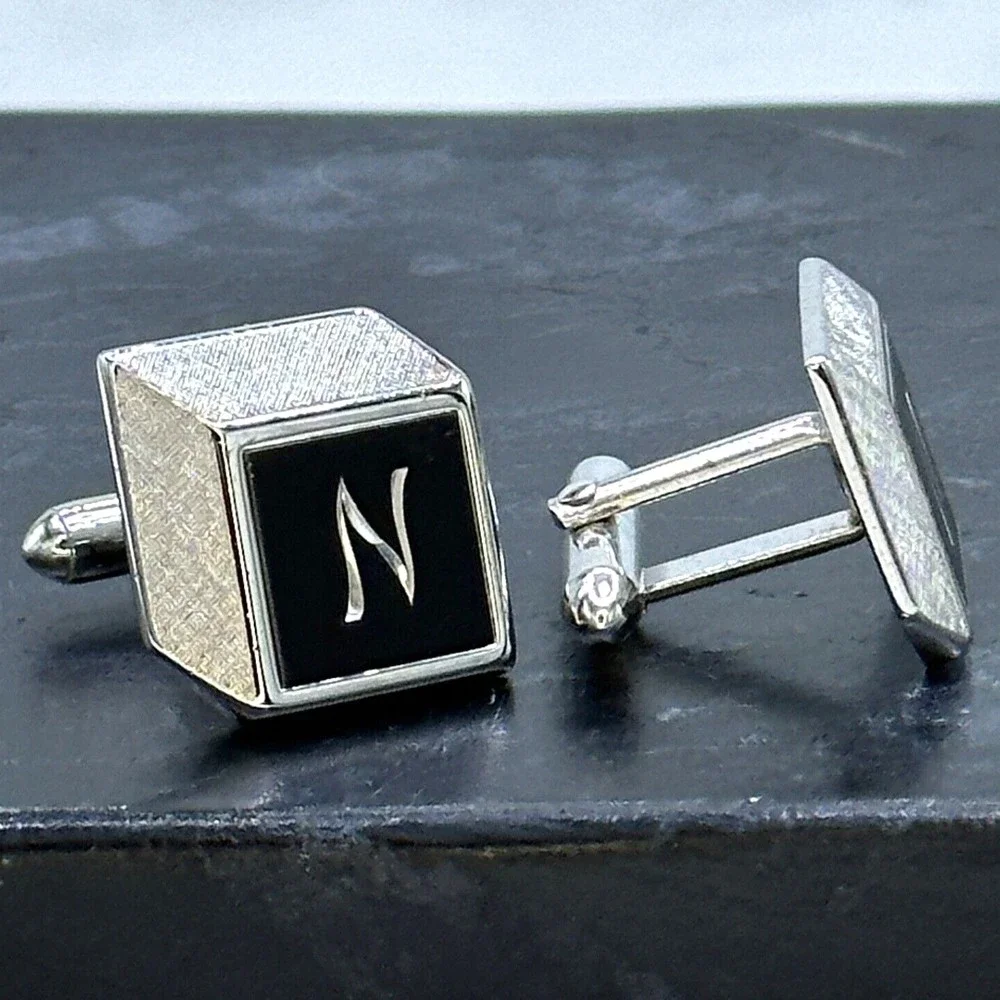 Swank Vintage Silver Tone Etched Monogram Initial N Letter Bullet Back Cufflinks